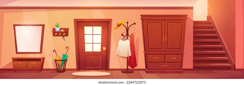 Cartoon house hallway interior design. Vector illustration of room with wooden entrance door, mirror on wall, wardrobe, hanger for clothes, umbrella stand, rug on floor and stairs. Empty hall home