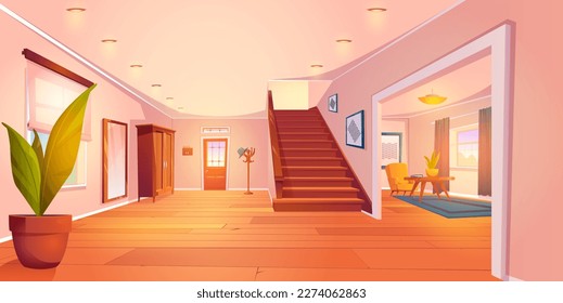 Cartoon house hallway and living room interior design with furniture. Vector illustration of large clean space with entrance door, windows, staircase, wardrobe, mirror, armchair and table, flower pots