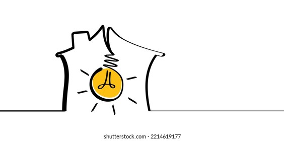 Cartoon House, Home And Lamp Idea Line Pattern.Building Logo Or Symbol. Comic Brain Electric Lamp Ideas. FAQ, Business Concept. Vector Light Bulb. Brilliant Lightbulb Education Or Invention Pictogram.