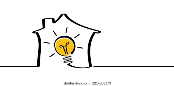 Cartoon House, Home And Lamp Idea Line Pattern.Building Logo Or Symbol. Comic Brain Electric Lamp Ideas. FAQ, Business Concept. Vector Light Bulb. Brilliant Lightbulb Education Or Invention Pictogram.