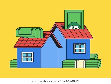 Cartoon House home with stacked money and inserted cash on the roof hand drawn illustration for financial investment and wealth management