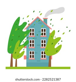 Cartoon house in a hurricane. Cartoon house storm wind. Vector illustration.