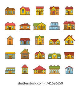 Cartoon house icons set. Cartoon illustration of 25 residential house vector icons for web