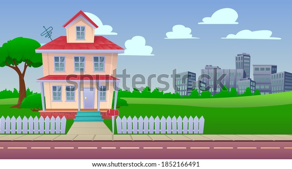 Cartoon house illustration. Front facade\
view of the house in trendy flat style. A three-storey house and a\
town in the back. Vector\
illustration