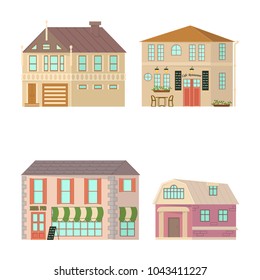 Cartoon house isolated on white background. Stone home or cottage building with restaurant. Rural mansion in flat design. Vector illustration eps 10.