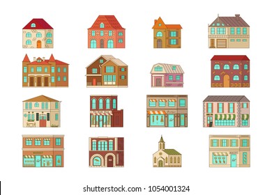 Cartoon house isolated on white background. Stone home or cottage building with restaurant, shop and church. Rural mansion in flat design. Vector illustration eps 10.