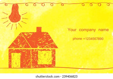 cartoon house lighted and heated light bulb painted in watercolor.blank for business card