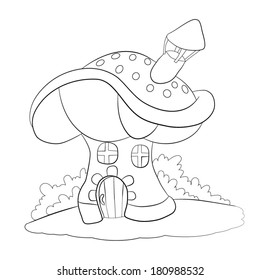 Cartoon house look like a mushroom costs on the fringe of the forest. Coloring book.