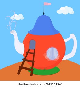 cartoon  house looks like a red teapot 