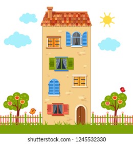 Cartoon house with lots of different windows, a fence,apple trees and little birds in the yard. Summer weather. Bright garden. Cute children illustration