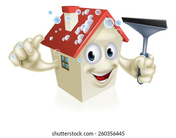 A cartoon House mascot Holding a Squeegee with soapy bubbles on the roof