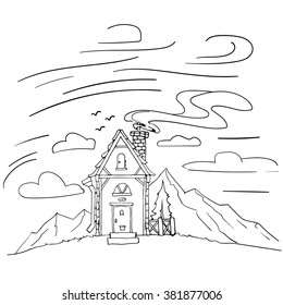 Cartoon house with mountain on the highlands. Line sketch