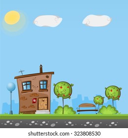 cartoon house near the apple trees and bench