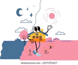 A cartoon house. Night and day. Vector graphics