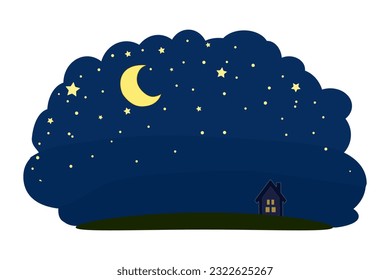 Cartoon house and night sky with stars and moon on white background. Midnight with one home on starry sky. Dreamy sleep nightfall backdrop with farmhouse, lunar and starlit heaven. Vector illustration - Shutterstock ID 2322625267