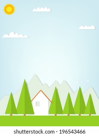 cartoon house on background of mountains.  flat paper illustrati