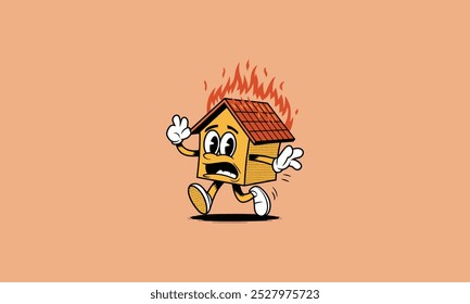 Cartoon house on fire running in panic