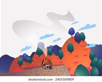 A cartoon house on the mountains. Vector illustration.