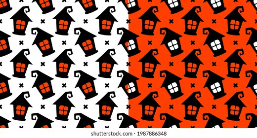 cartoon house on white and orange house. Halloween seamless pattern for t-shirts or packaging 
