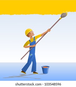 Cartoon house painter. The decorator paints a wall with a brush. Cartoon character - a worker in a blue robe.