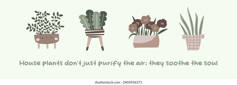 Cartoon house plants  illustration. Urban jungle concept. Cute indoor plants. Concept lettering. Growing house plants. Vector illustration.