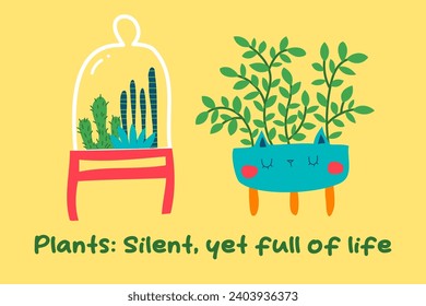 Cartoon house plants  illustration. Urban jungle concept. Cute indoor plants. Concept lettering. Growing house plants. Vector illustration.