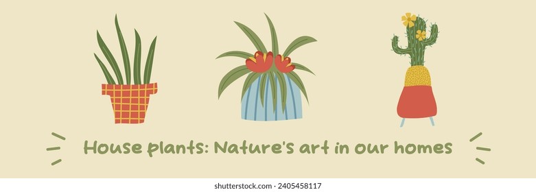 Cartoon house plants  illustration. Urban jungle concept. Cute indoor plants. Concept lettering. Growing house plants. Vector illustration.