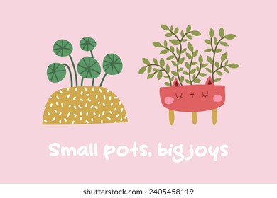 Cartoon house plants  illustration. Urban jungle concept. Cute indoor plants. Concept lettering. Growing house plants. Vector illustration.