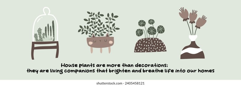 Cartoon house plants  illustration. Urban jungle concept. Cute indoor plants. Concept lettering. Growing house plants. Vector illustration.