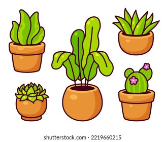 Cartoon house plants in pots, cactus and succulent. Hand drawn vector clip art illustration set. 