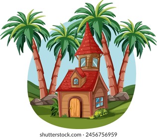 Cartoon house with red roof among palm trees.