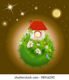 cartoon house with red roof with light in window on night flowering globe