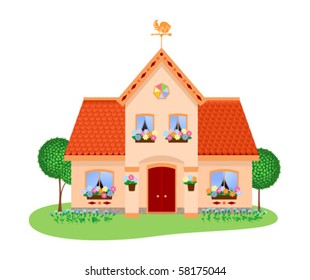 Cartoon house with red roof tiles