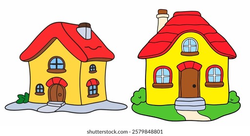 A cartoon house with a red roof and yellow walls, ideal for real estate or home-themed sticker packs.