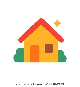 Cartoon house with red roof yellow walls green bushes orange door brown window and yellow star