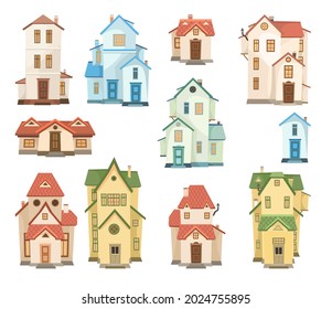 Cartoon house. Set. A beautiful, cozy country house in a traditional European style. Collection of Cute funny homes. Isolated on white background. Vector