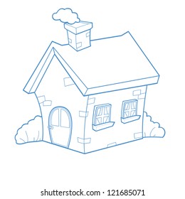 cartoon house with smoking chimney and bushes
