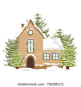 Cartoon house in the snow, big fir and snowdrifts. Vector object, isolated on white background. To create holiday cards for the new year and Christmas. Winter landscape.