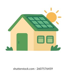 Cartoon house with solar panels and sun. Symbol of clean energy and sustainable green living.