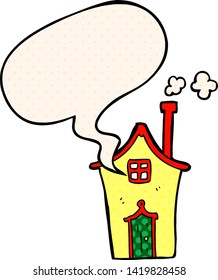 cartoon house with speech bubble in comic book style
