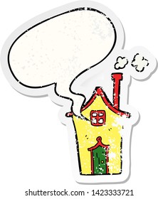 cartoon house with speech bubble distressed distressed old sticker