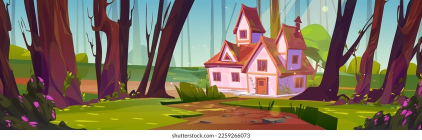 Cartoon house in summer forest. Vector illustration of wood road leading to cozy cottage with red roof on sunlit glade surrounded by tall trees, blooming bushes and green grass. Game background design