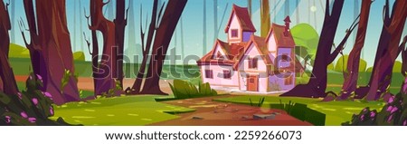 Cartoon house in summer forest. Vector illustration of wood road leading to cozy cottage with red roof on sunlit glade surrounded by tall trees, blooming bushes and green grass. Game background design