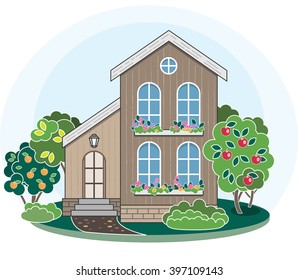 Cartoon house. Summer landscape. Apple tree garden. Landscaping concept. Outdoors. Cozy family home. Courtyard.