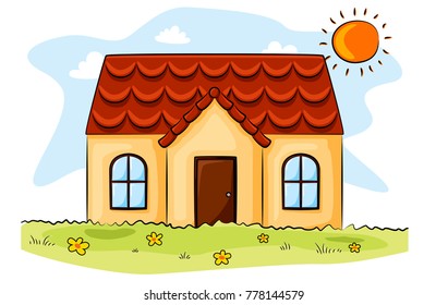 Cartoon house and the sun in the grass field