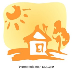 Cartoon house and sun on a yellow background.