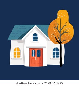 Cartoon house with a tiled roof in a simple minimalist style, yellow leaves on the tree. Night. Postcard and poster. Packaging paper and textiles