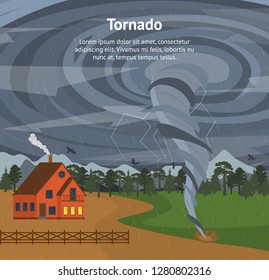 Cartoon House and Tornado Card Poster for Ad Insurance Concept Element Flat Design Style. Vector illustration of Nature Weather Disaster