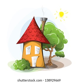Cartoon house with tree, bush on blue sky as background, EPS 10