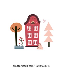 cartoon house, tree, decor elements. colorful illustration for kids, flat style. baby design for cards, t-shirt print, posters, logo, cover